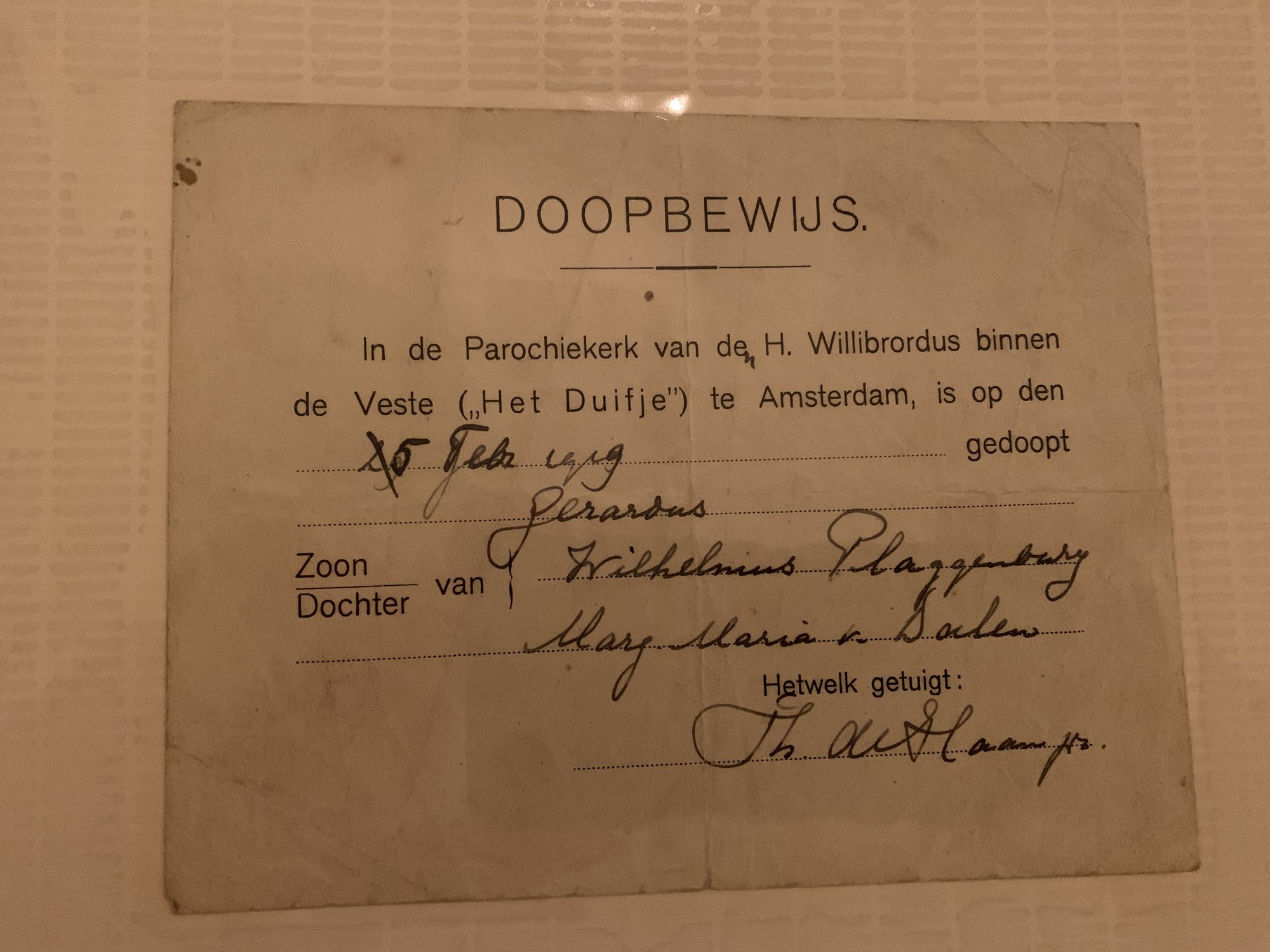 Doopbewijs van de H. Willibrorduskerk 'Het Duifje', Amsterdam, 25 februari 1919.