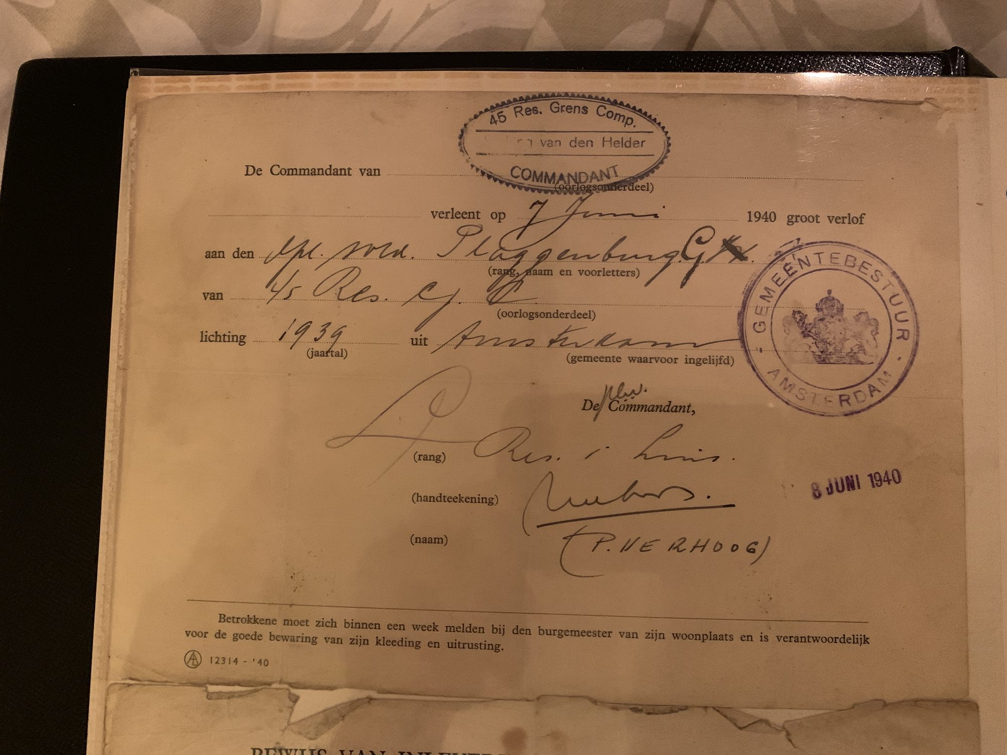 Bewijs van groot verlof, 7 juni 1940.