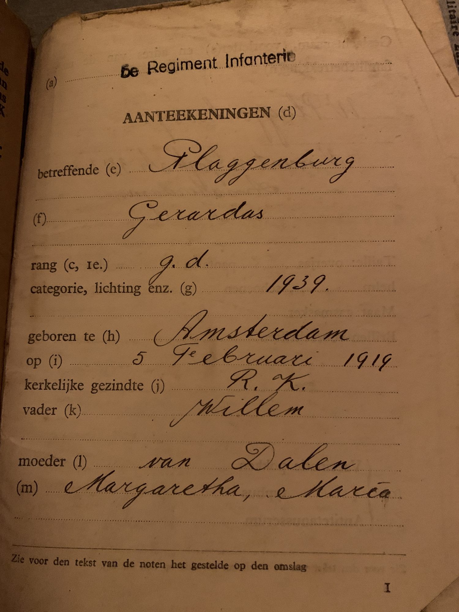 Persoonsgegevens uit het oorlogszakboekje, 5e Regiment Infanterie.