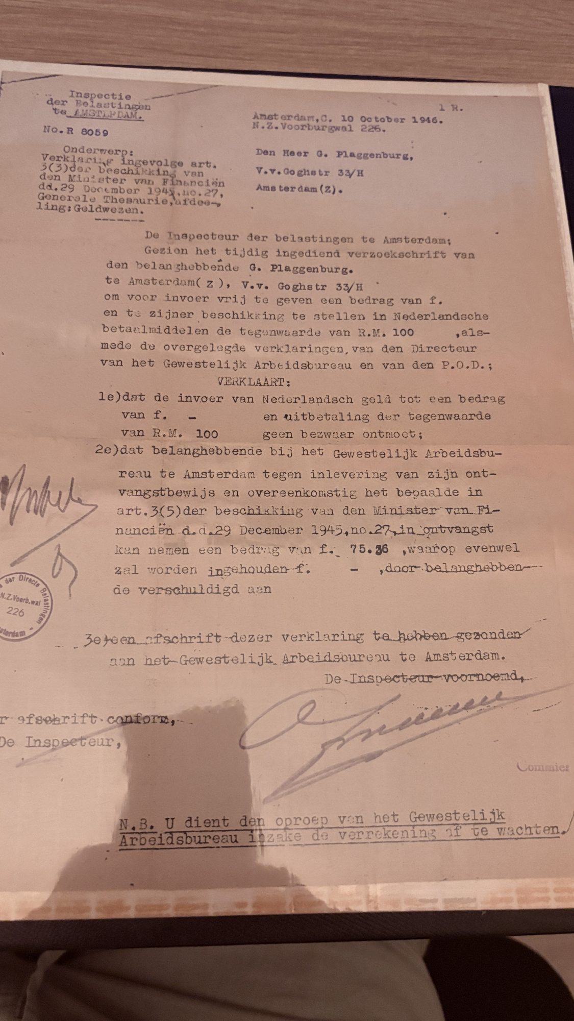 Belastingbrief, 10 oktober 1946, over de omzetting van zijn kampverdienste.