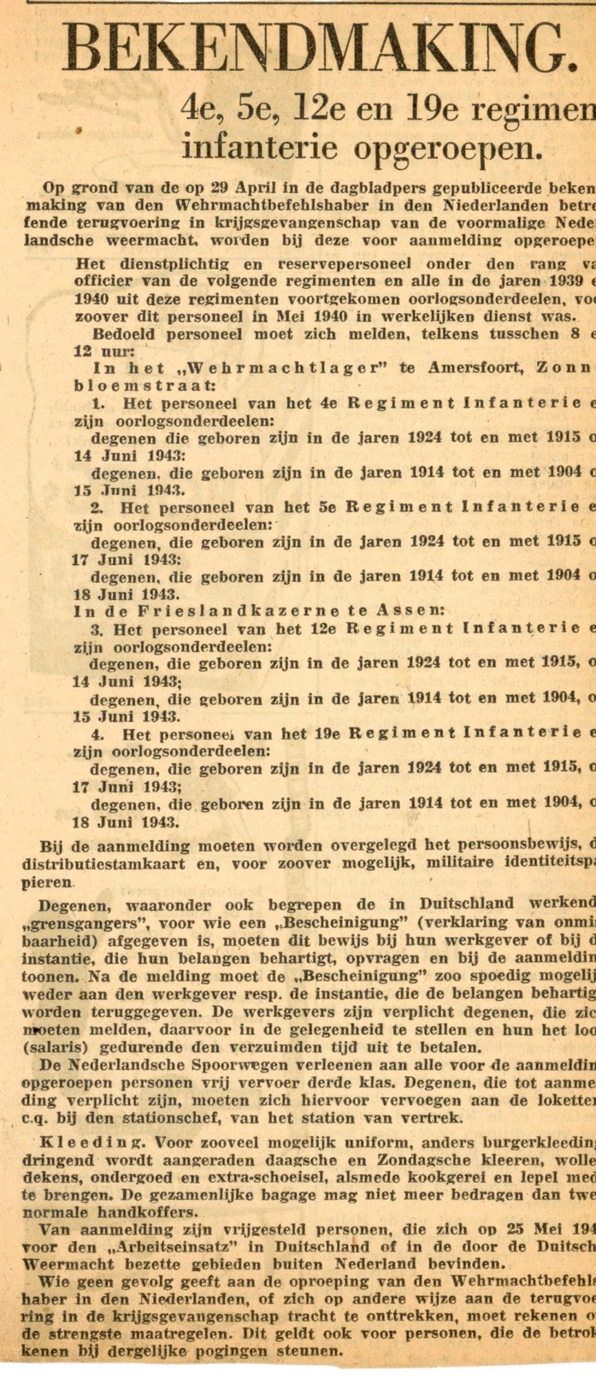 De bekendmaking waarmee het 5e Regiment Infanterie werd opgeroepen.