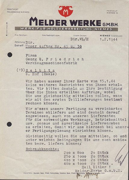 Briefhoofd van de Melder-Werke G.m.b.H., Werk für Holzverarbeitung Niemes, 1 februari 1944.