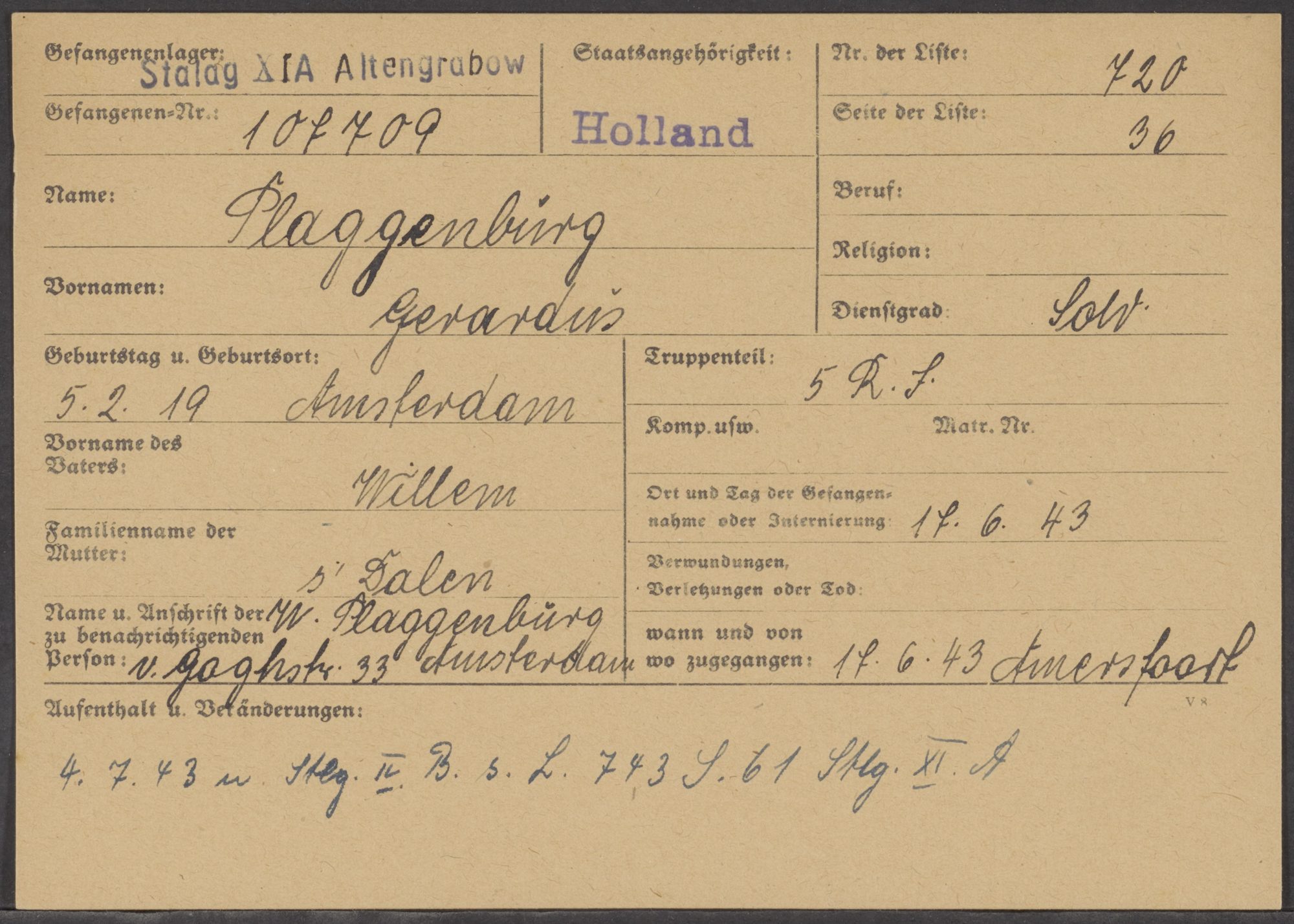 Personalkarte van Gerardus, met zijn krijgsgevangenennummer 107709 XI-A.