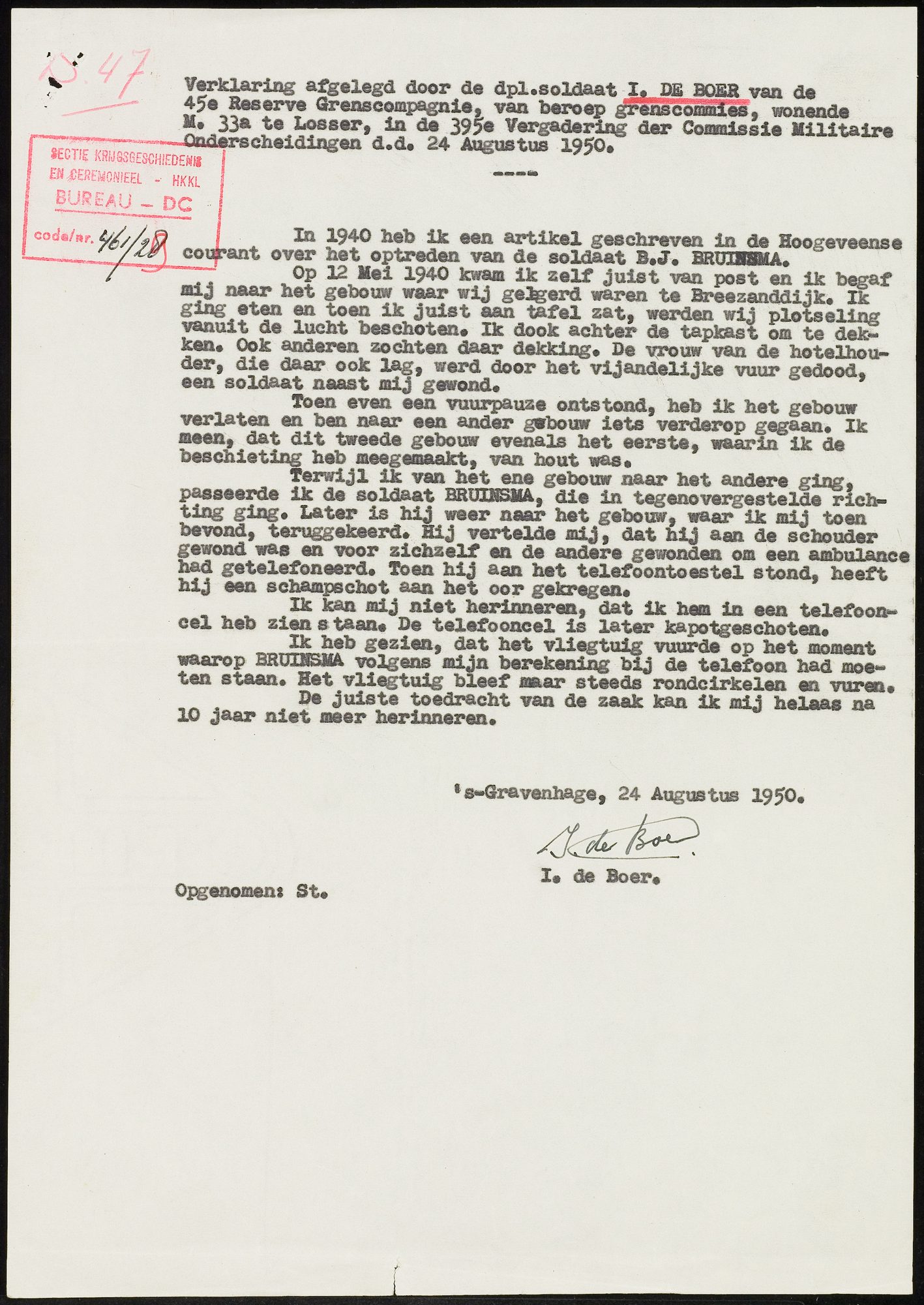 Dossier 45e Res.G.C., blad 2 (verklaring De Boer)