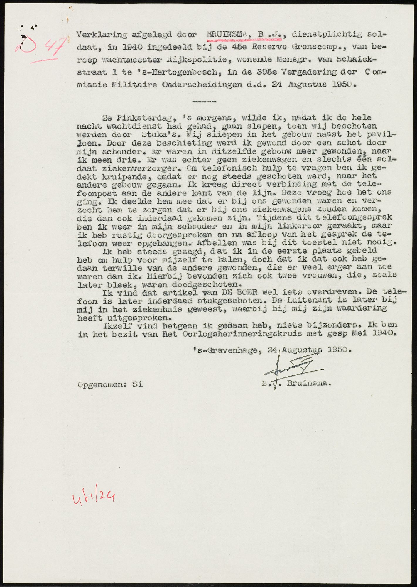 Dossier 45e Res.G.C., blad 3 (verklaring Bruinsma)