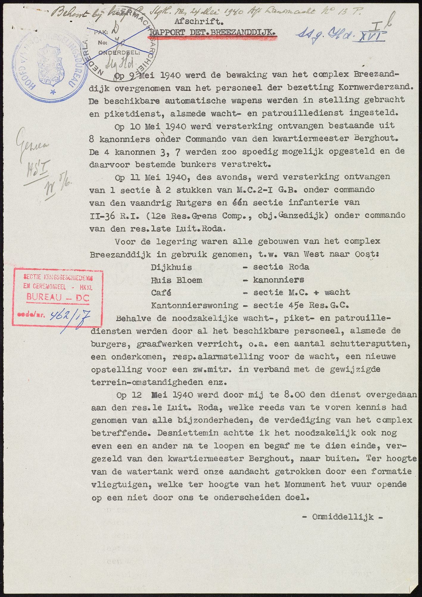 Rapport Detachement Breezanddijk, 22 mei 1940, met in de legeringslijst 'Kantonnierswoning, sectie 45e Res. G.C.'