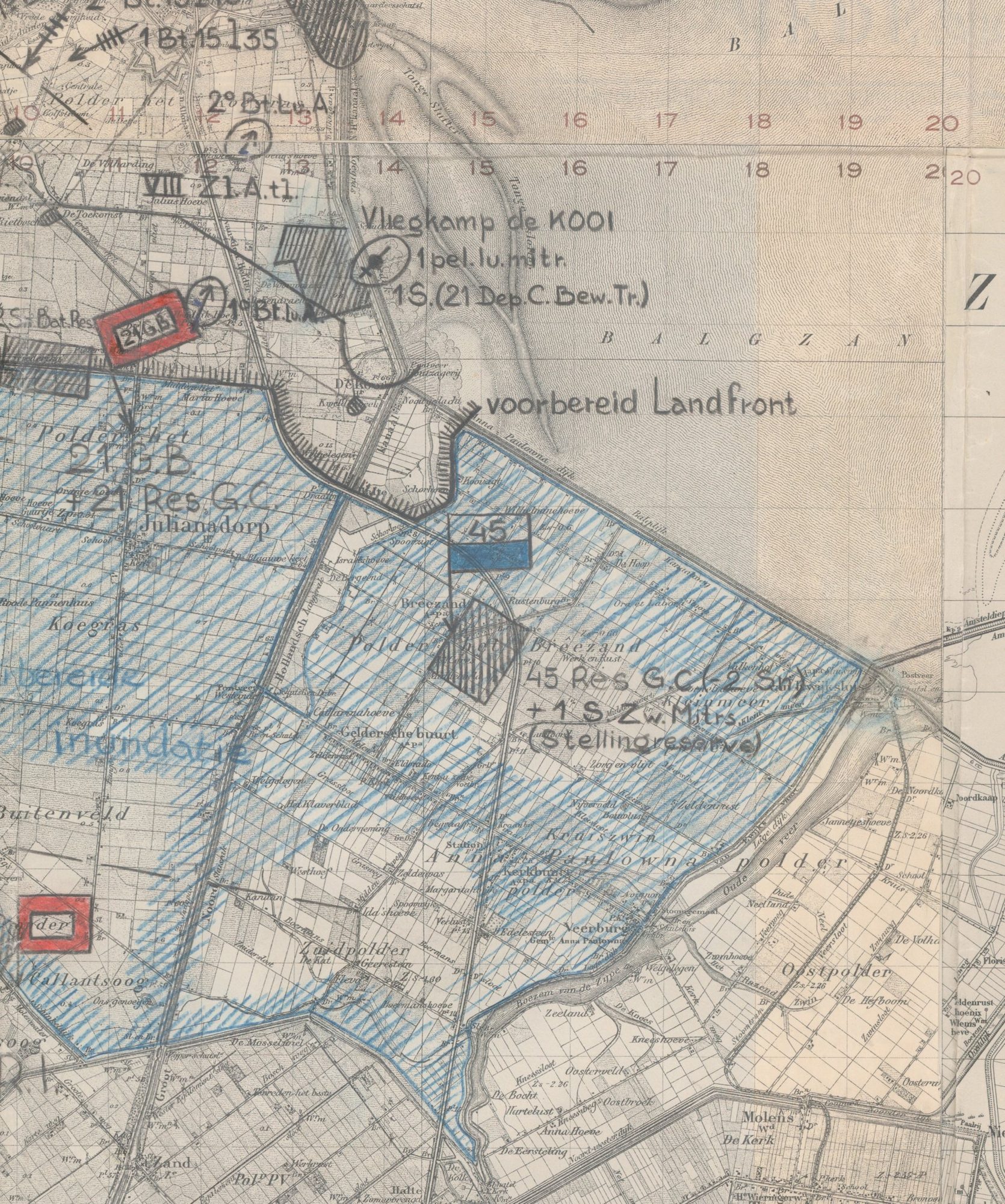 Fragment van de troepenopstellingskaart van de Stelling van Den Helder, 10 mei 1940, met bij Breezand de aantekening '45 Res. G.C. + 1 S. Zw. Mitr. (Stellingsreserve)'.