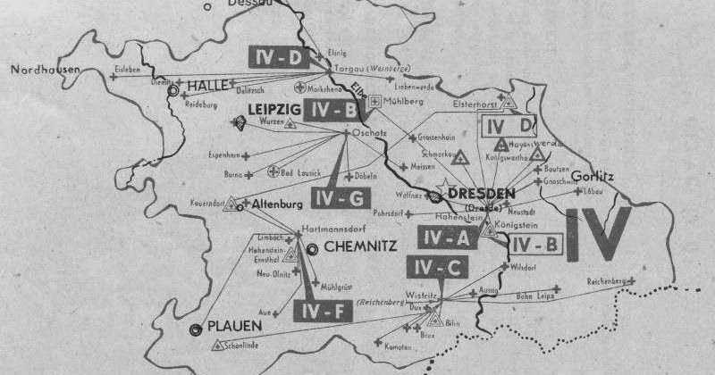 Kaart van Wehrkreis IV rond Dresden, met de Stalags IV-A tot en met IV-G.